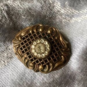 Ermani Bulatti Vintage Art Deco Brass Rhinestone Brooch Signed